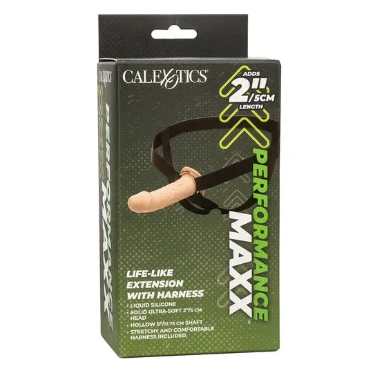 Extension pénienne réaliste CalExotics Performance Maxx avec harnais peau claire, silicone liquide ajoute 5cm.