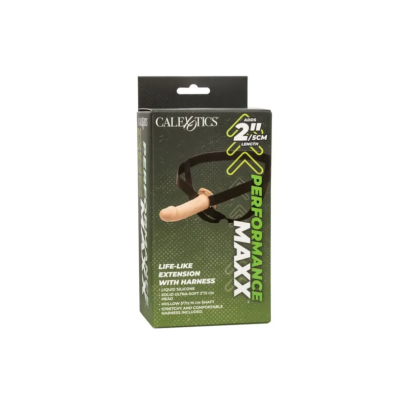 Extension pénienne réaliste CalExotics Performance Maxx avec harnais peau claire, silicone liquide ajoute 5cm.