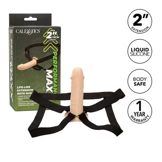 Extension pénienne réaliste CalExotics Performance Maxx avec harnais peau claire, silicone liquide ajoute 5cm.