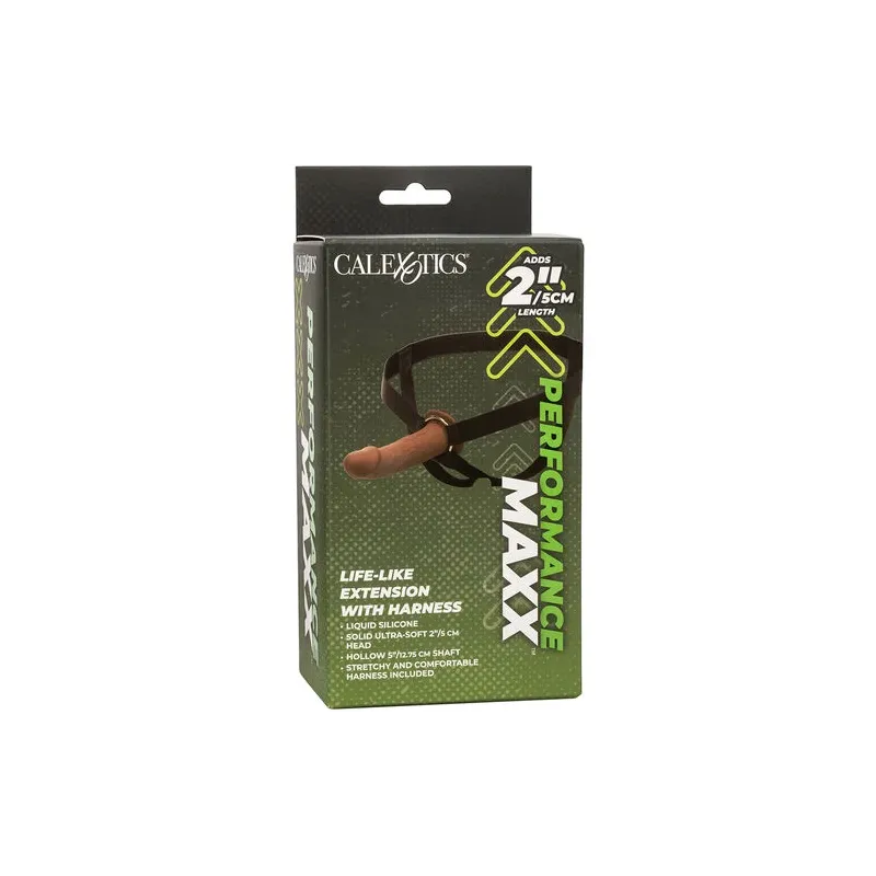 Estensione realistica Performance Maxx CalExotics marrone con imbracatura in pelle e anello metallico.