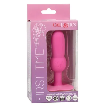 Plug anal vibrante perlado CALEXOTICS First Time rosa, 10 vibraciones, silicona, impermeable.