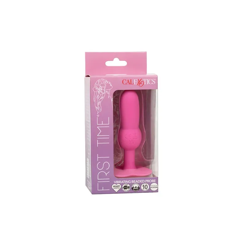 Plug anal vibrante perlado CALEXOTICS First Time rosa, 10 vibraciones, silicona, impermeable.