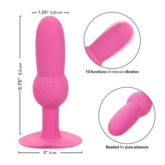 Plug anal vibrante perlado CALEXOTICS First Time rosa, 10 vibraciones, silicona, impermeable.