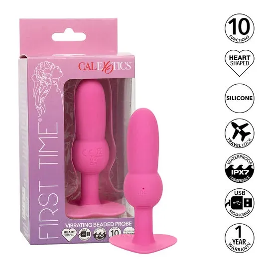 CALEXOTICS First Time pink beaded vibrating anal plug, 10 vibrational modes, silicone, waterproof.