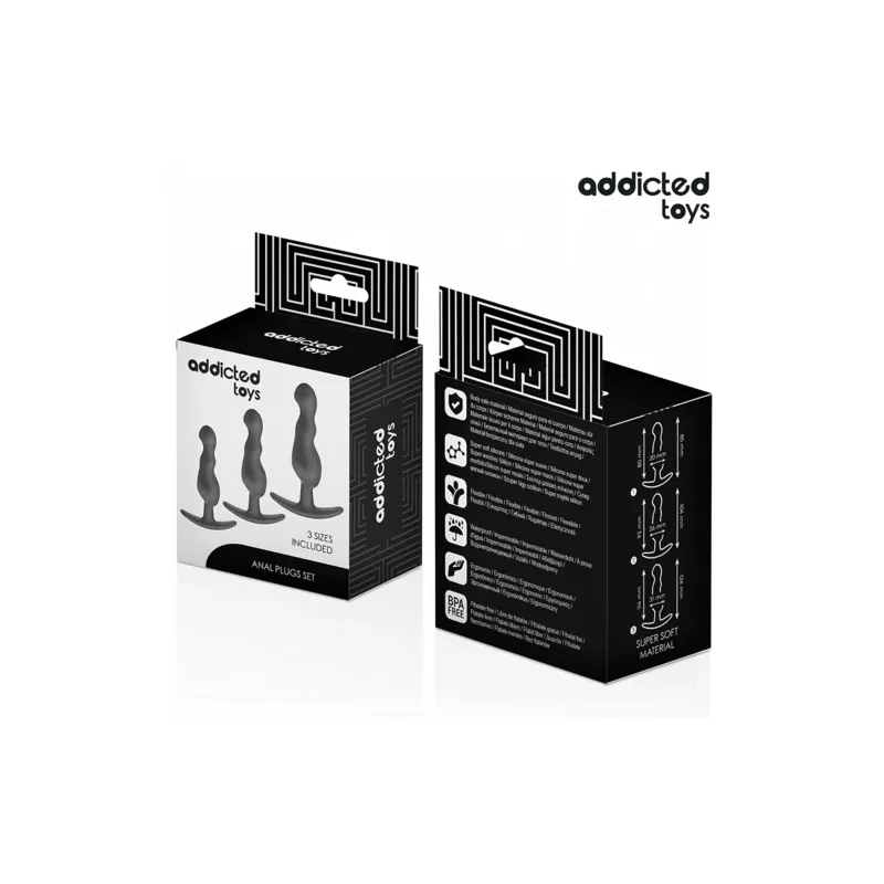 Set de 3 plugs anales progresivos de silicona médica Addicted Toys - tallas S M L - juguete anal seguro