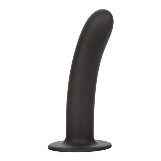 Extra long 7 inch purple silicone dildo by Calexotics with suction cup base and curved shaft