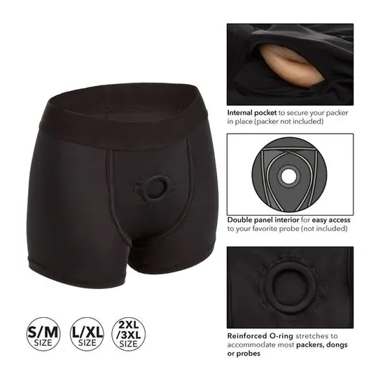 Harnais style boxer noir CALEXOTICS taille S/M, ceinture extra large et double panneau intérieur
