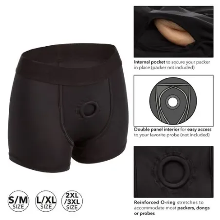 Harnais style boxer noir CALEXOTICS taille S/M, ceinture extra large et double panneau intérieur