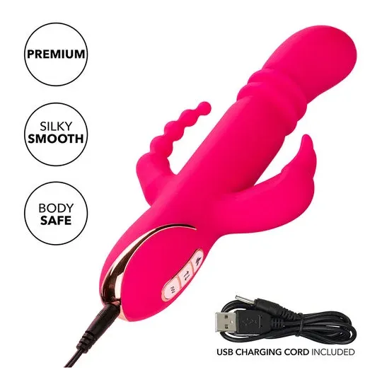 Lapin vibrant chauffant rose CalExotics - triple stimulation, 7 modes vibration, étanche rechargeable