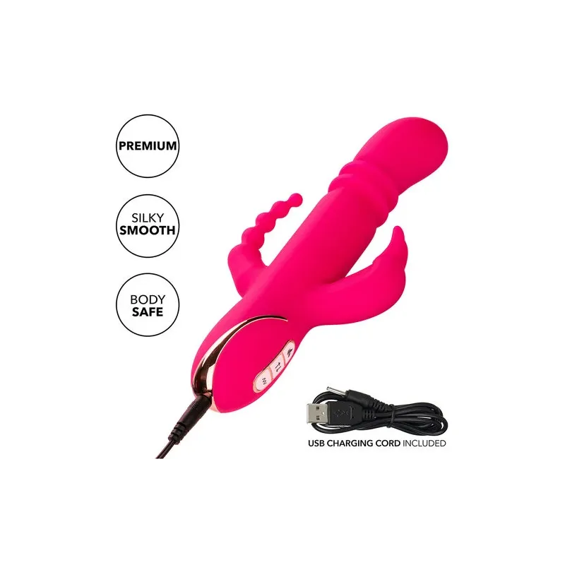 Lapin vibrant chauffant rose CalExotics - triple stimulation, 7 modes vibration, étanche rechargeable