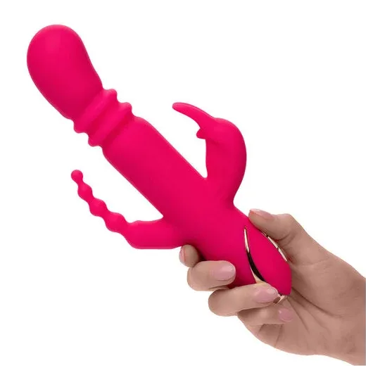 Lapin vibrant chauffant rose CalExotics - triple stimulation, 7 modes vibration, étanche rechargeable