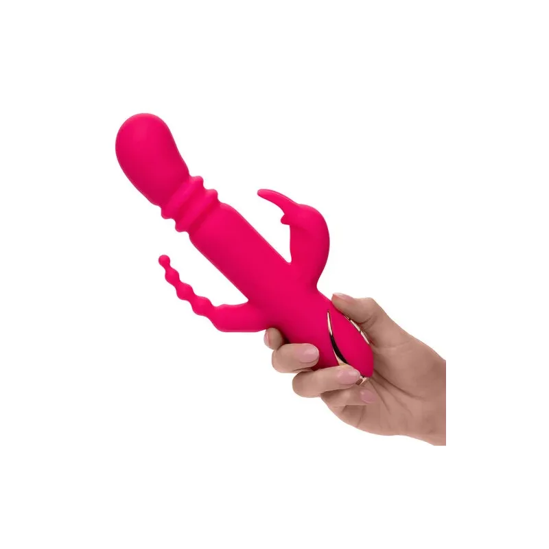 Lapin vibrant chauffant rose CalExotics - triple stimulation, 7 modes vibration, étanche rechargeable