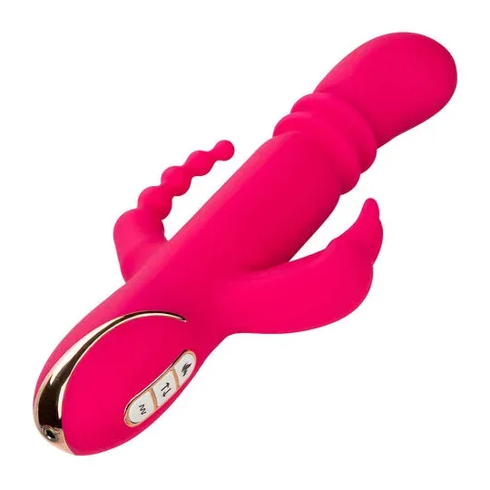 Lapin vibrant chauffant rose CalExotics - triple stimulation, 7 modes vibration, étanche rechargeable