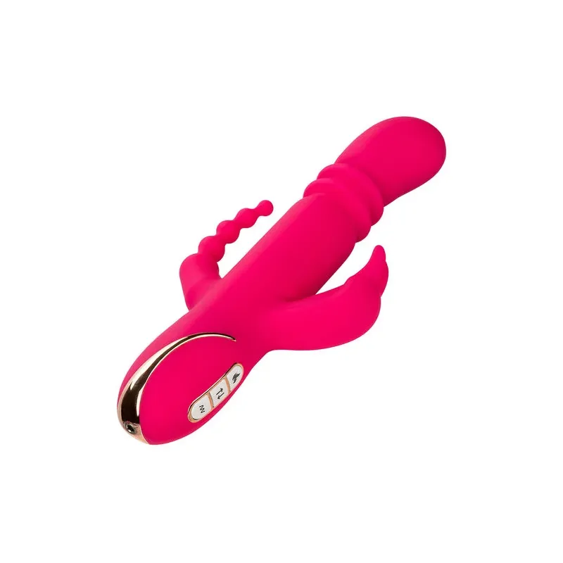 Lapin vibrant chauffant rose CalExotics - triple stimulation, 7 modes vibration, étanche rechargeable