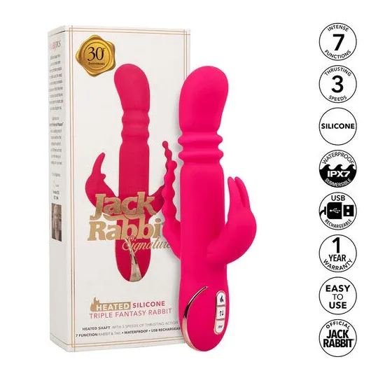 Lapin vibrant chauffant rose CalExotics - triple stimulation, 7 modes vibration, étanche rechargeable