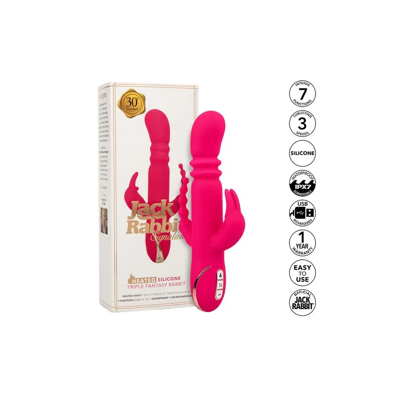 Lapin vibrant chauffant rose CalExotics - triple stimulation, 7 modes vibration, étanche rechargeable