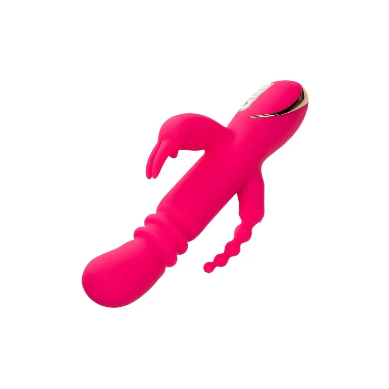 Lapin vibrant chauffant rose CalExotics - triple stimulation, 7 modes vibration, étanche rechargeable