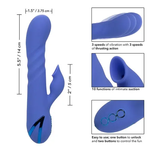 Vibratore e stimolatore a suzione LA LOVE blu Calexotics con movimento va-e-vieni e aspirazione per clitoride