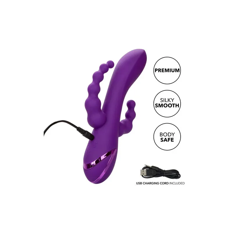 Masseur triple action Long Beach CALEXOTICS violet en silicone hypoallergénique rechargeable et étanche