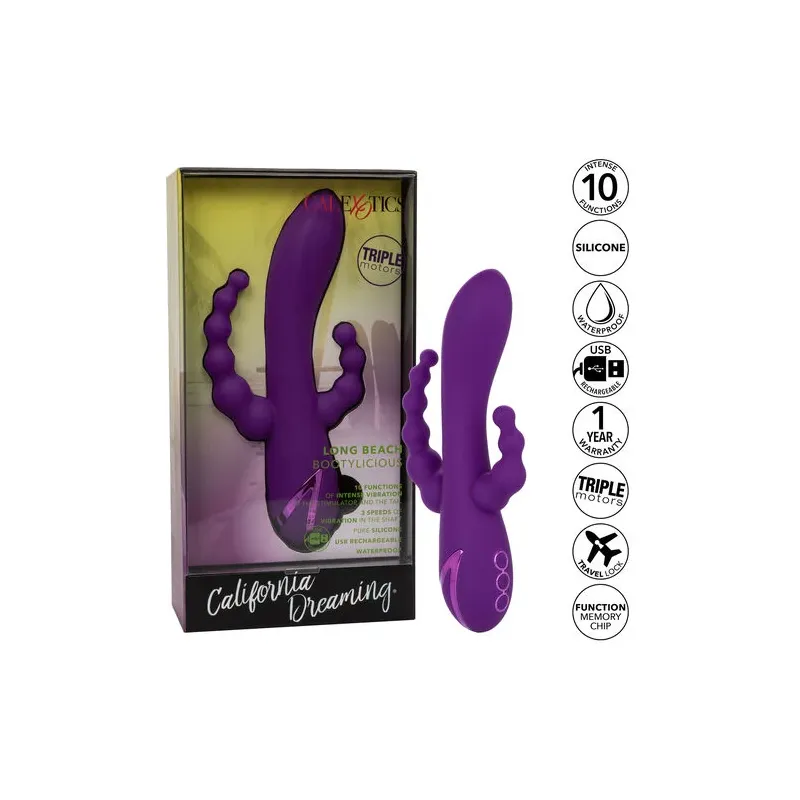 Masseur triple action Long Beach CALEXOTICS violet en silicone hypoallergénique rechargeable et étanche