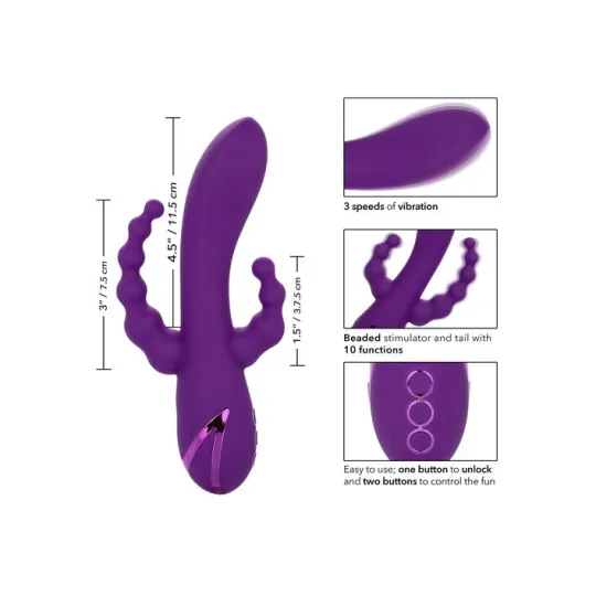 Masseur triple action Long Beach CALEXOTICS violet en silicone hypoallergénique rechargeable et étanche