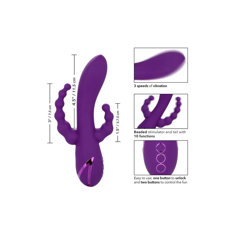 Masseur triple action Long Beach CALEXOTICS violet en silicone hypoallergénique rechargeable et étanche