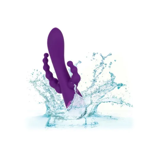 Masseur triple action Long Beach CALEXOTICS violet en silicone hypoallergénique rechargeable et étanche