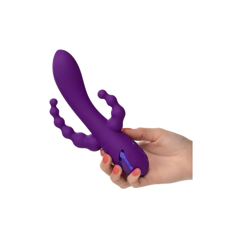 Masseur triple action Long Beach CALEXOTICS violet en silicone hypoallergénique rechargeable et étanche