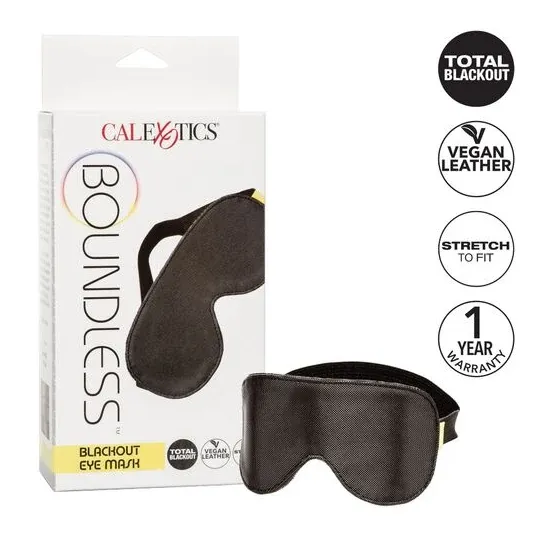 Masque pour les yeux ajustable CALEXOTICS en cuir végétalien noir, double rembourrage pour obscurité totale.