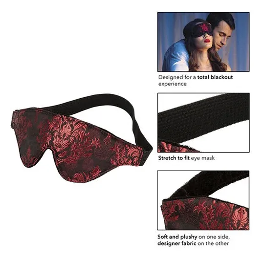 Maschera per occhi opaca CalExotics Scandal con dettagli rossi e fascia elastica larga in broccato.