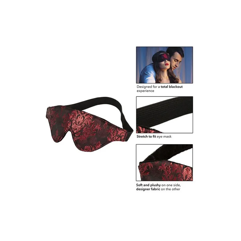 Antifaz opaco para ojos CalExotics Scandal con detalles rojos y cinta elástica ancha de brocado." }, { "fr": "Vue de côté du mas