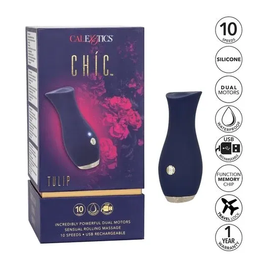 Vibrateur tulipe bleu CALEXOTICS compact, 10 modes vibration, silicone doux, design ergonomique.