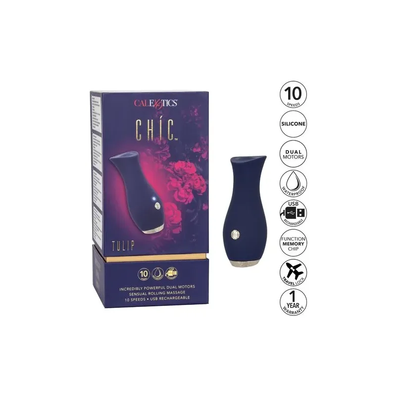 Vibrateur tulipe bleu CALEXOTICS compact, 10 modes vibration, silicone doux, design ergonomique.