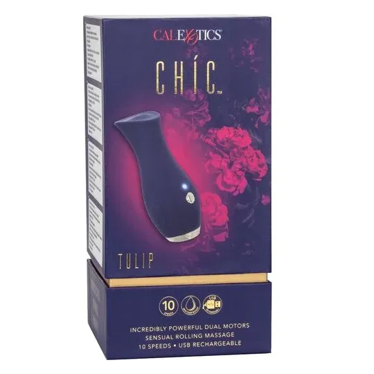 Vibrateur tulipe bleu CALEXOTICS compact, 10 modes vibration, silicone doux, design ergonomique.