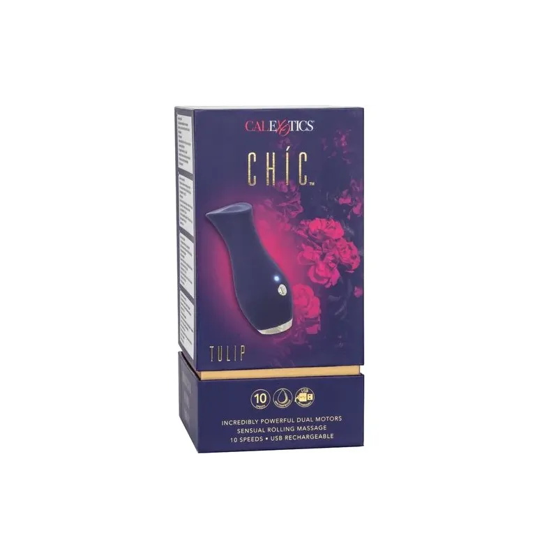 Vibrateur tulipe bleu CALEXOTICS compact, 10 modes vibration, silicone doux, design ergonomique.