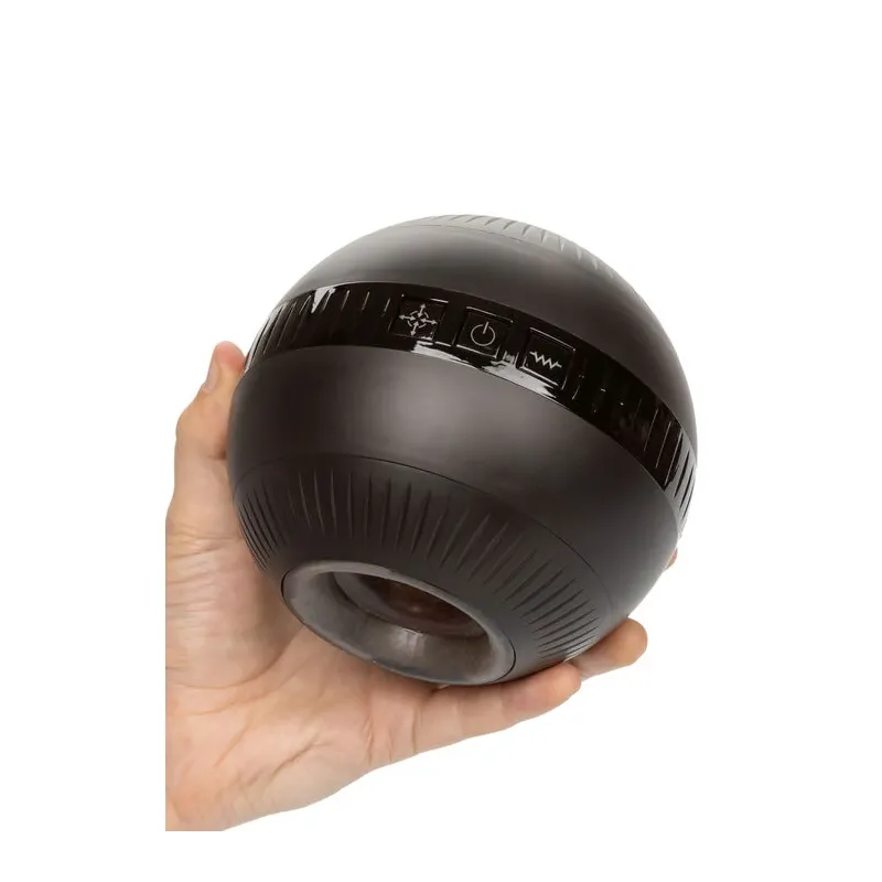 Masturbador vibrante Calexotics con compresión ajustable, color negro, diseño esférico ergonómico, impermeable y recargable.