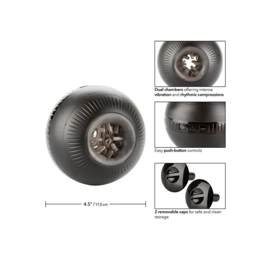 Masturbateur vibrant Calexotics à compression ajustable, noir, étanche, rechargeable, forme ergonomique sphérique.