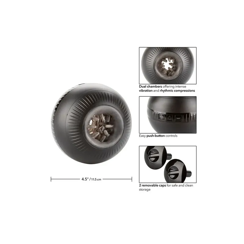 Masturbador vibrante Calexotics con compresión ajustable, color negro, diseño esférico ergonómico, impermeable y recargable.
