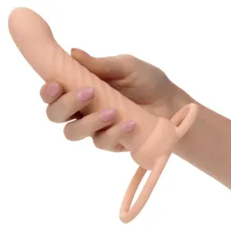 Double pénétrateur nervuré CALEXOTICS en silicone couleur chair avec 10 vibrations pulsations
