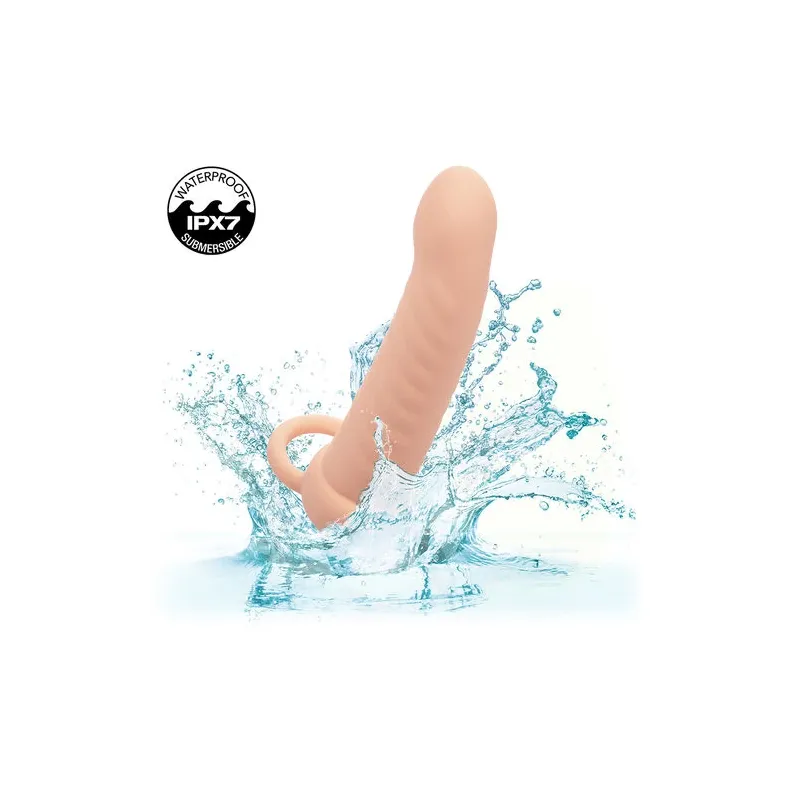 Double pénétrateur nervuré CALEXOTICS en silicone couleur chair avec 10 vibrations pulsations