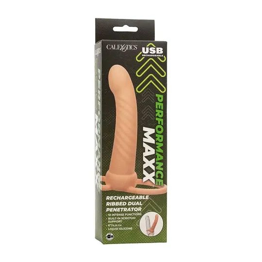 CALEXOTICS Doppeldildo gerippt in hautfarbenem Silikon mit 10 Vibrationsmodi