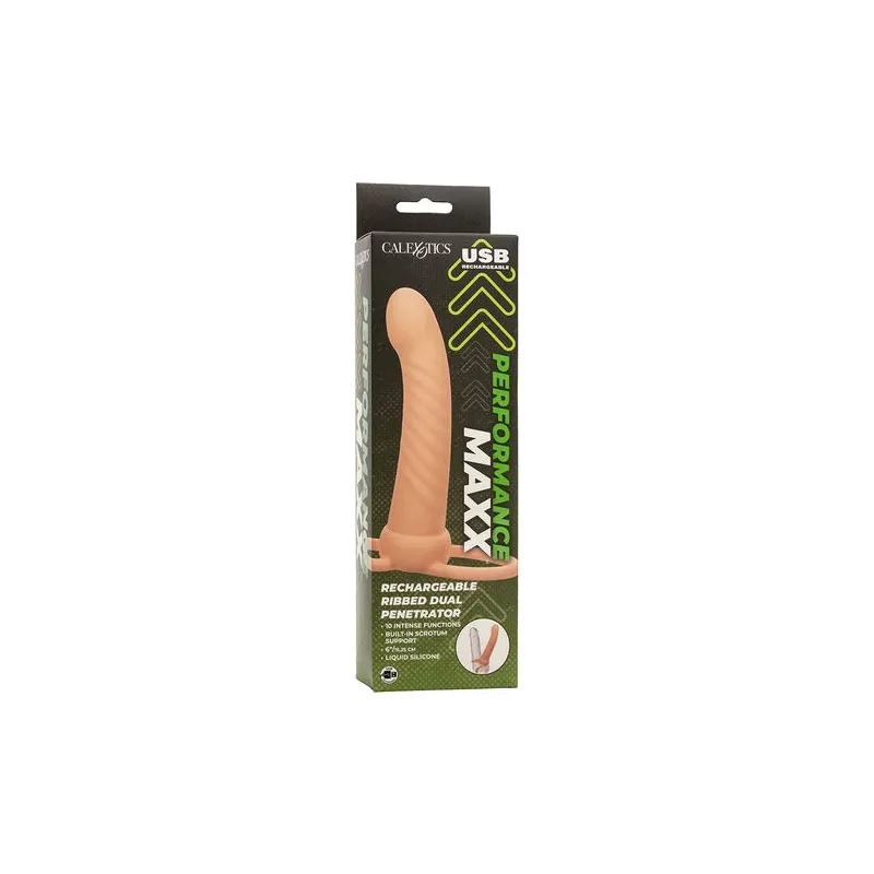 Double pénétrateur nervuré CALEXOTICS en silicone couleur chair avec 10 vibrations pulsations