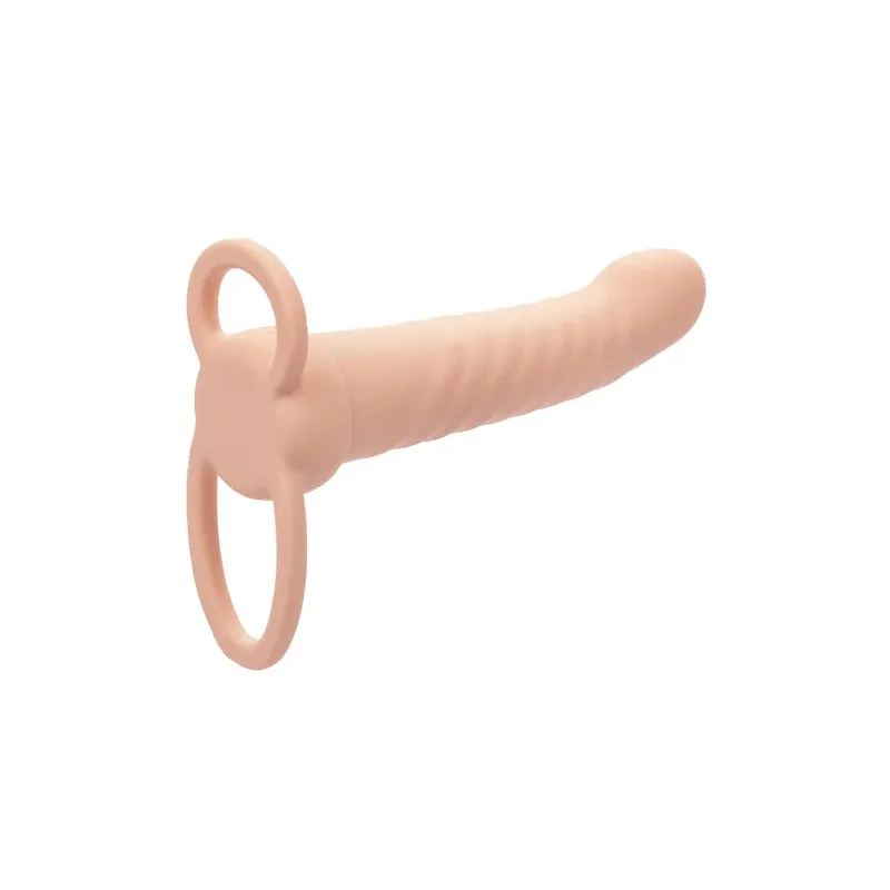 Double pénétrateur nervuré CALEXOTICS en silicone couleur chair avec 10 vibrations pulsations