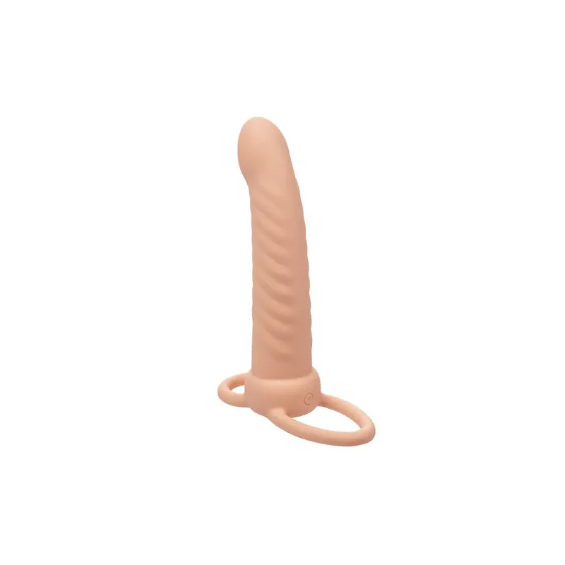 Double pénétrateur nervuré CALEXOTICS en silicone couleur chair avec 10 vibrations pulsations