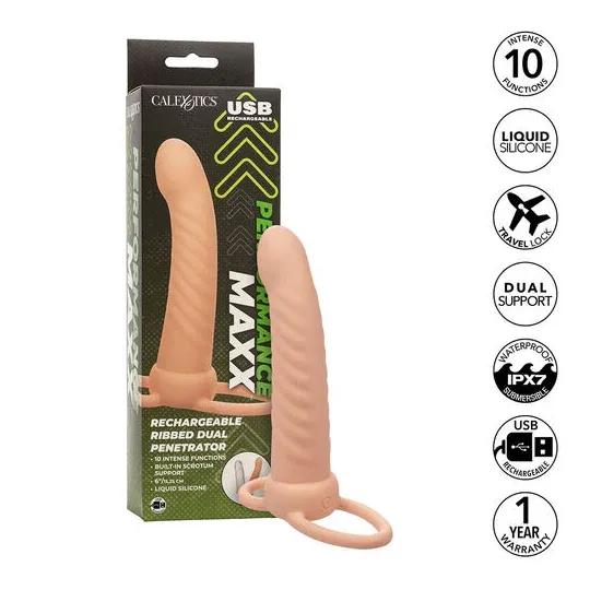 Doble penetrador acanalado CALEXOTICS de silicona color carne con 10 vibraciones" }, { "fr": "Gode double pénétration CALEXOTICS