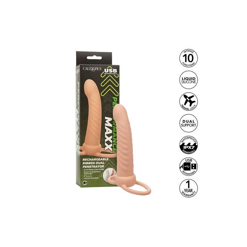 CALEXOTICS ribbed double penetrator in flesh silicone with 10 vibration modes