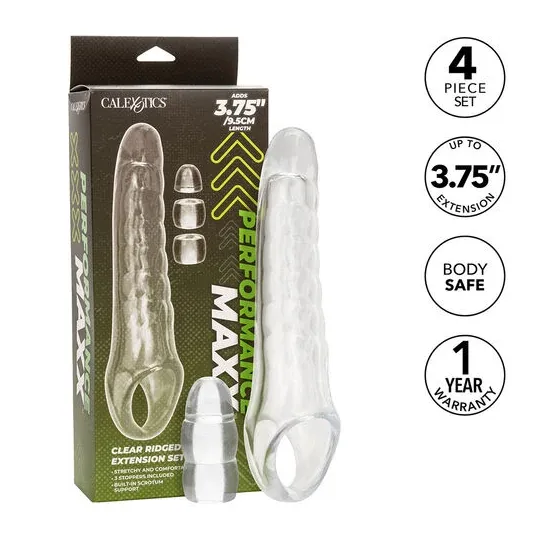 Extenseur de pénis transparent réglable MAXX Calexotics tête ultra-douce 9,5 cm et butées ajustables.