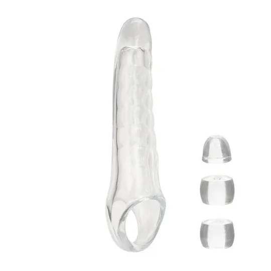 Extenseur de pénis transparent réglable MAXX Calexotics tête ultra-douce 9,5 cm et butées ajustables.