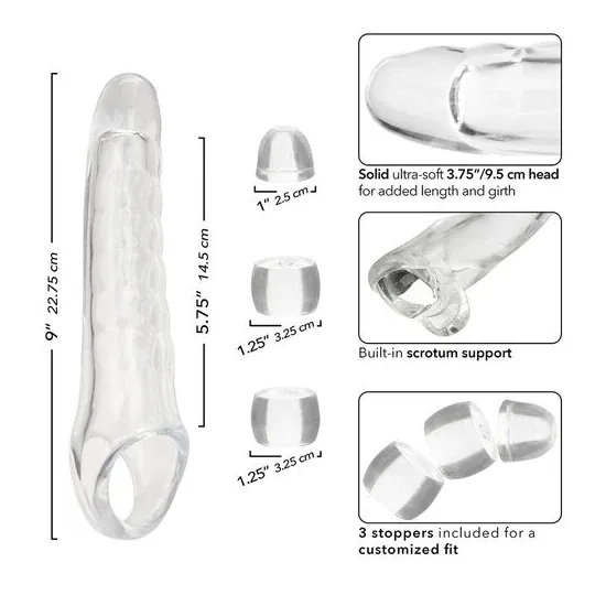 Extenseur de pénis transparent réglable MAXX Calexotics tête ultra-douce 9,5 cm et butées ajustables.