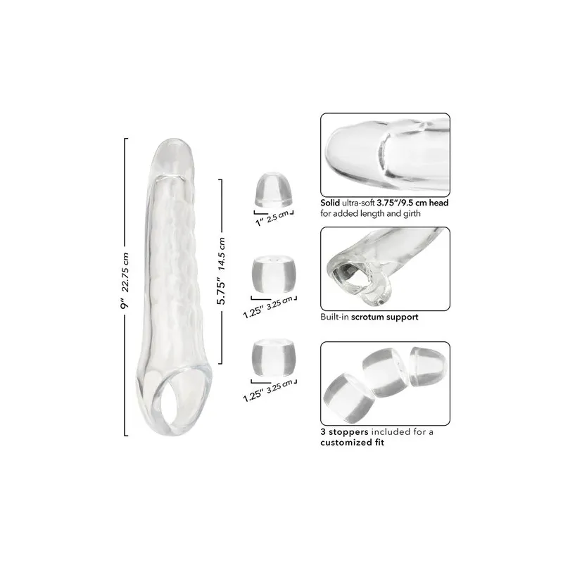 Extenseur de pénis transparent réglable MAXX Calexotics tête ultra-douce 9,5 cm et butées ajustables.
